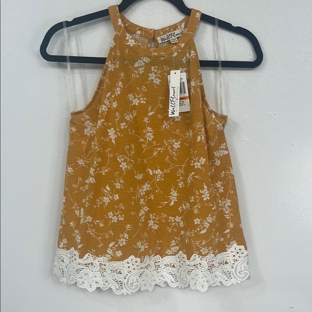 Wild Fable Mustard Floral Lace Trim Top